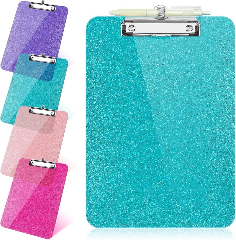 SFLHHDM 1 Pcs Clear Glitter Clipboards, Plastic Clipboard with Pen Holder,Size 8.85 x 12.4 in Shiny Clipboards with Low Profile Clip, Cute Hanging Clipboard for Office School Supplies Sparkly Clip board-Green - Image 1